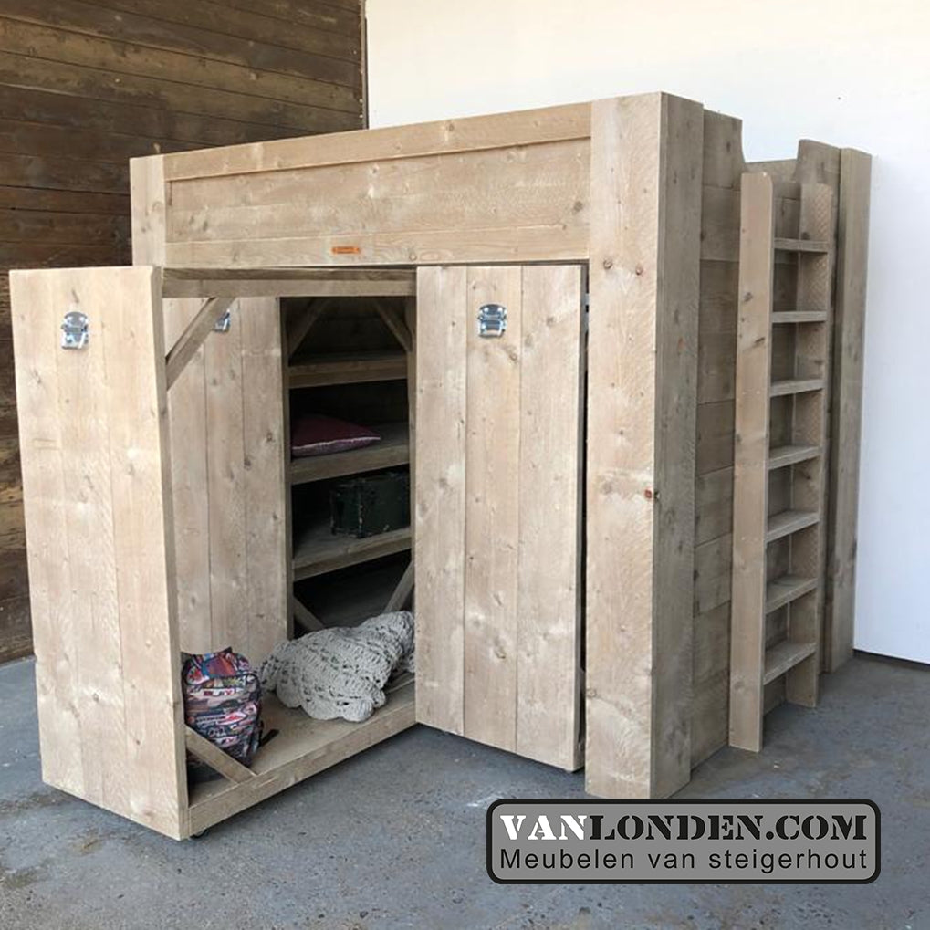 Steigerhouten hoogslaper met kasten Jake