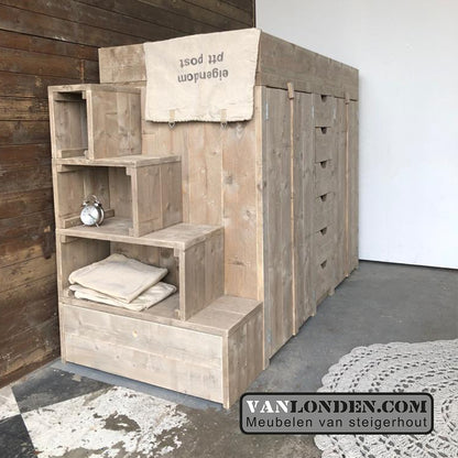 Steigerhouten hoogslaper met kasten en trapkast Karel