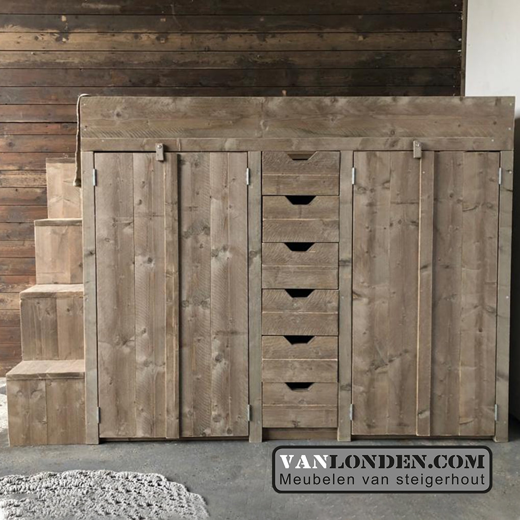 Steigerhouten hoogslaper met kasten en trapkast Karel