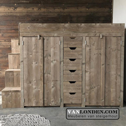 Steigerhouten hoogslaper met kasten en trapkast Karel