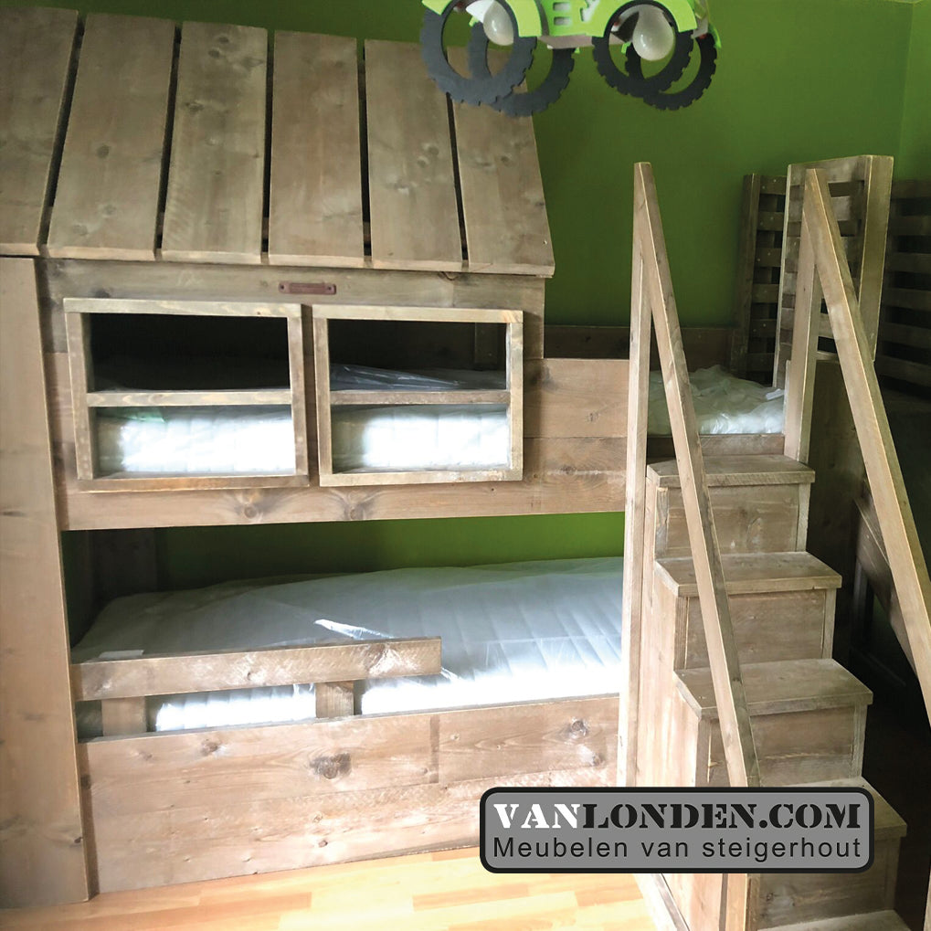 Steigerhouten huisjesbed halfhoogslaper Ronnie