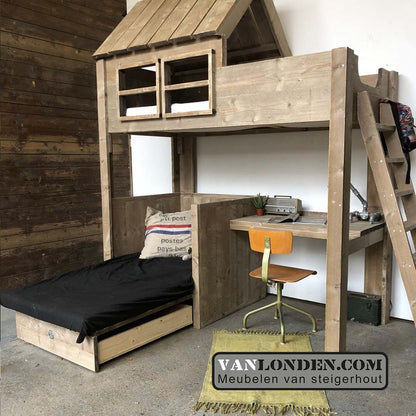 Steigerhouten huisjesbed met bureau Gideon