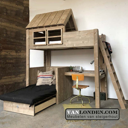 Steigerhouten huisjesbed met bureau Gideon