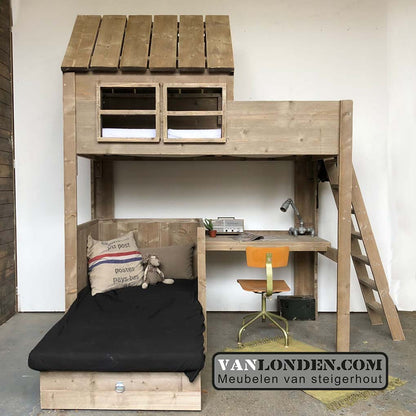Steigerhouten huisjesbed met bureau Gideon