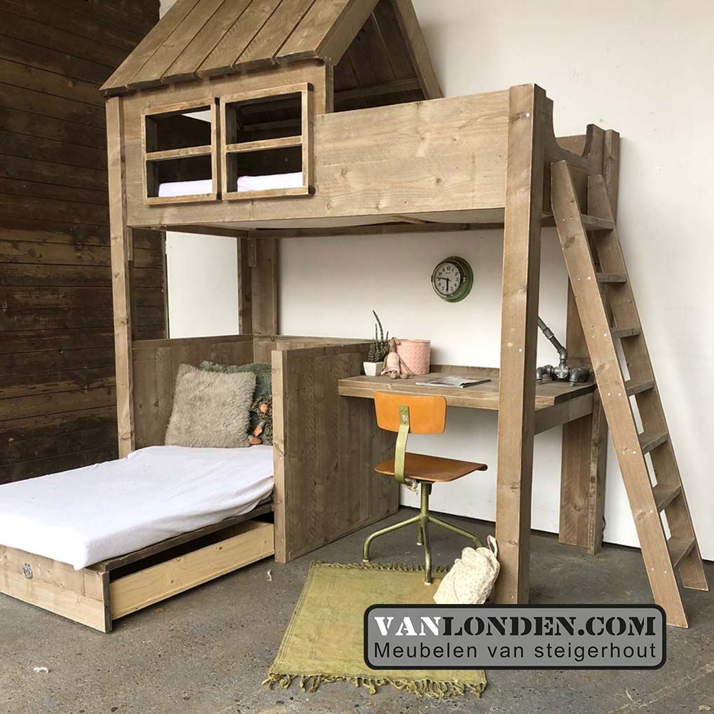 Steigerhouten huisjesbed met bureau Gonnie
