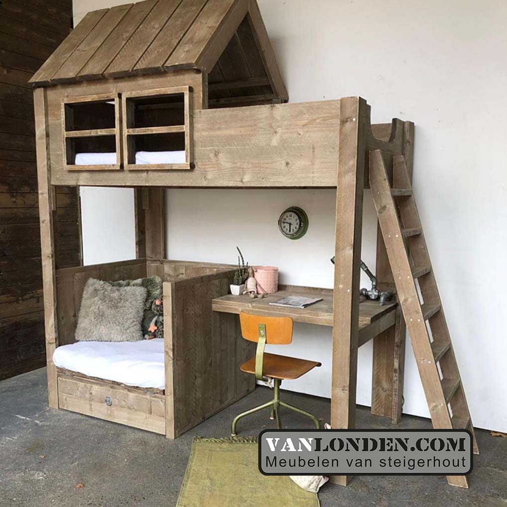 Steigerhouten huisjesbed met bureau Gonnie