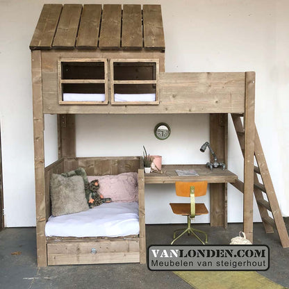 Steigerhouten huisjesbed met bureau Gonnie