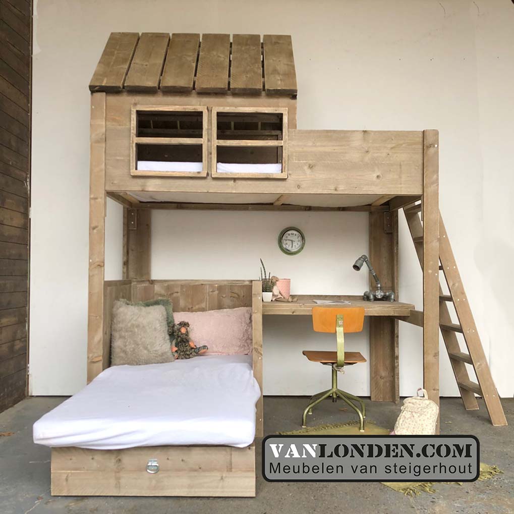 Steigerhouten huisjesbed met bureau Gonnie