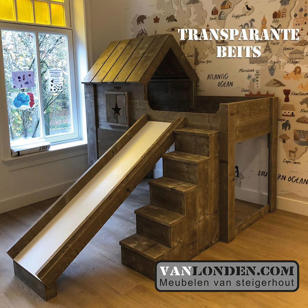 Steigerhouten huisjesbed met glijbaan Dennie