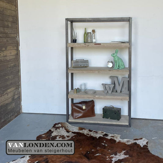 Steigerhouten vakkenkast Bernard met stalen frame