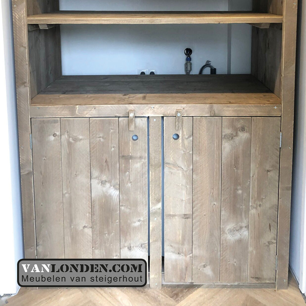 Steigerhouten wasmachine ombouw deurtjes en vakken Dena