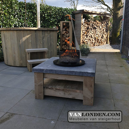 Steigerhouten vuurtafel met vuurkorf pelletmand Kobe