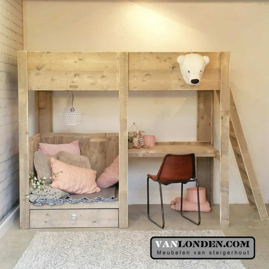 Steigerhouten hoogslaper met bureau Celine