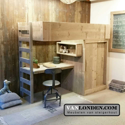 Steigerhouten hoogslaper met bureau Ferdy