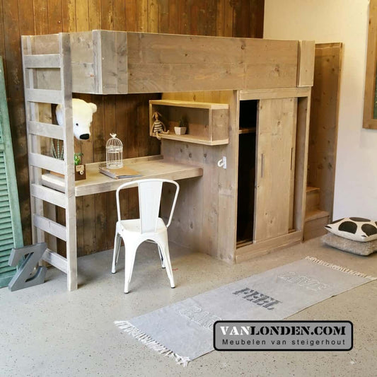 Steigerhouten hoogslaper met bureau Harry