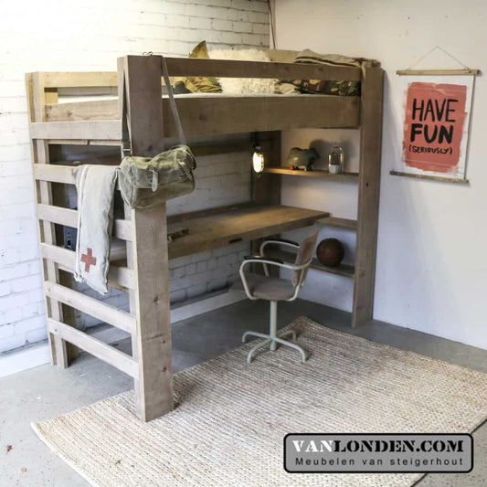 Steigerhouten hoogslaper met boekenkast Maurice