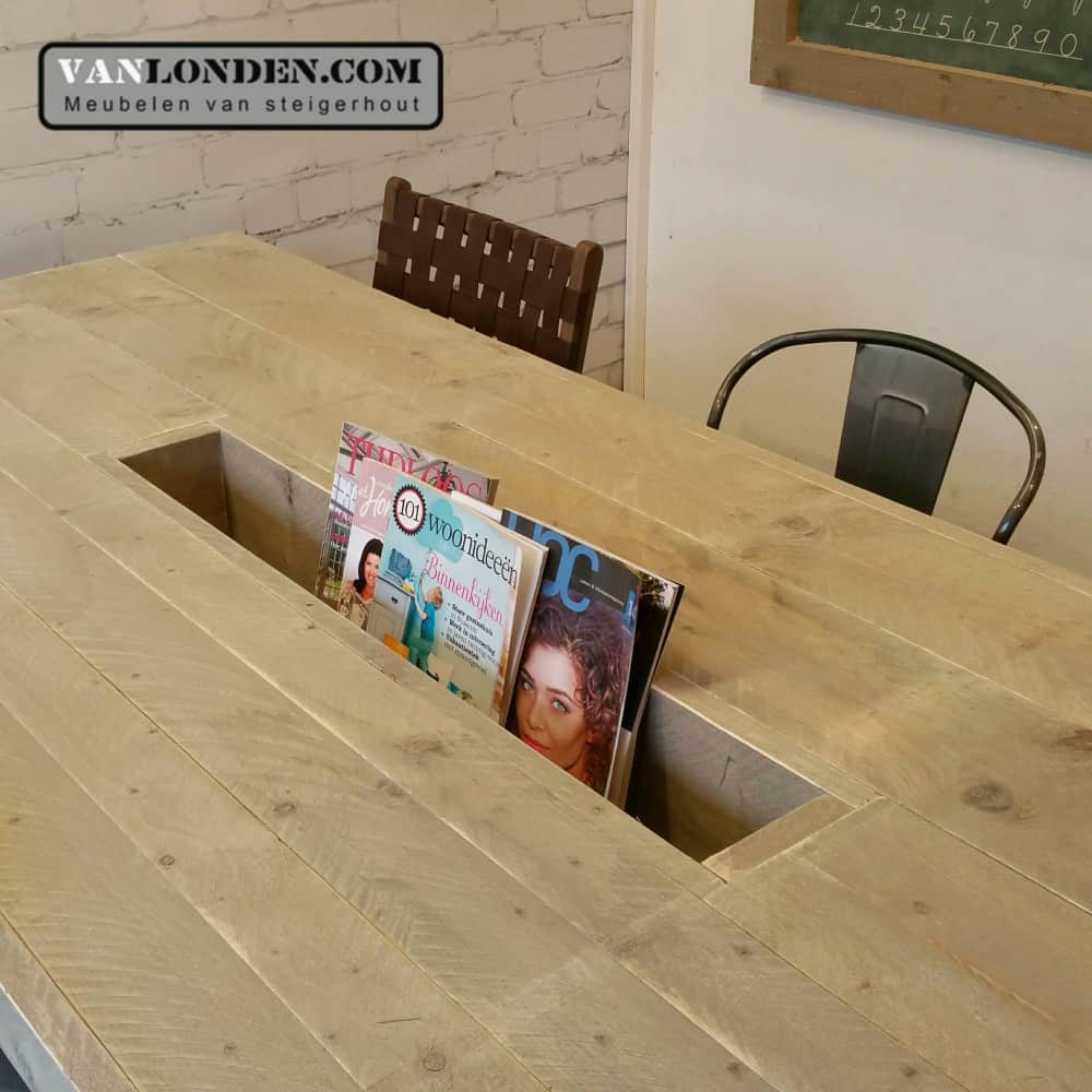 Steigerhouten leestafel met lectuurbak Lisa