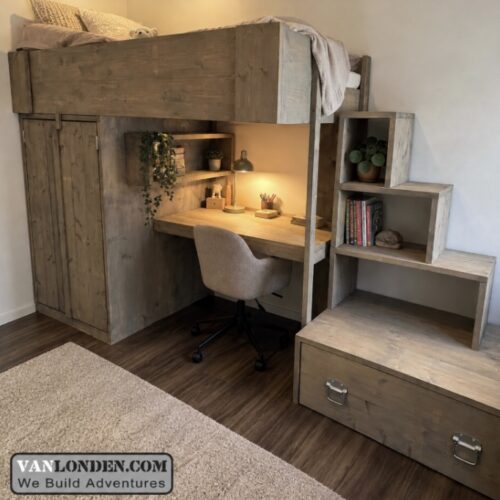 Steigerhouten hoogslaper met bureau en kast Cecilia (Steigerhouten hoogslapers) Steigerhouten hoogslaper met bureau en kast Cecilia (Steigerhouten hoogslapers)