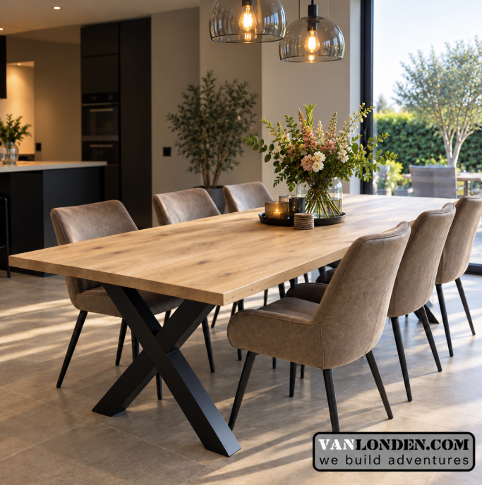 Eikenhouten eettafel Leander met zwarte X-poten (Steigerhouten eettafels online bestellen) Eikenhouten eettafel Leander met zwarte X-poten (Steigerhouten eettafels online bestellen)